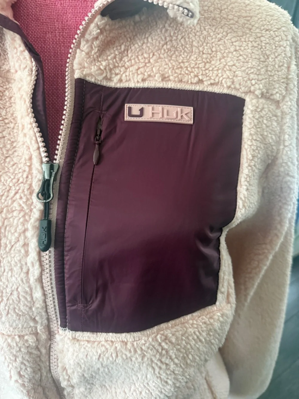 Huk Women's Pink Teddy Sherpa Jacket with Burgundy Chest Pocket - Picture 3 of 3